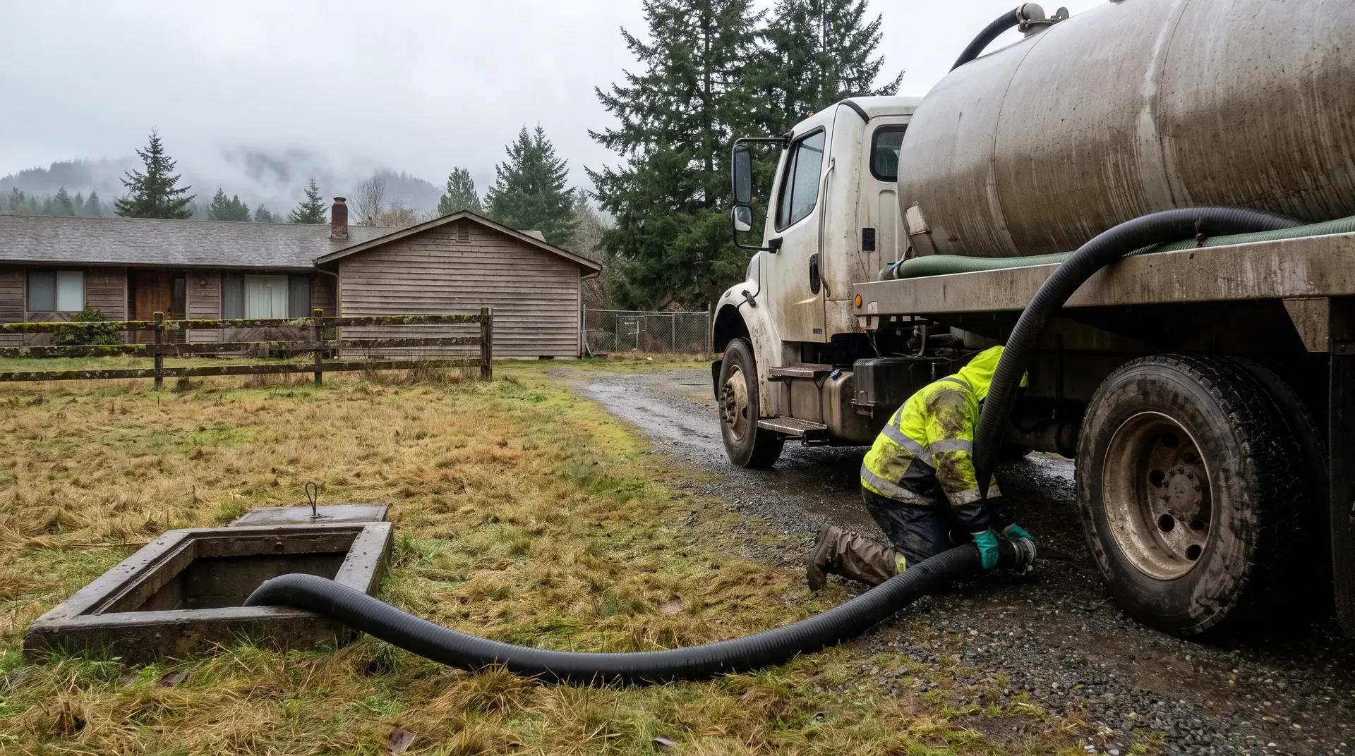 Septic vacuum truck servicing a rural Whatcom County property on a wet winter day