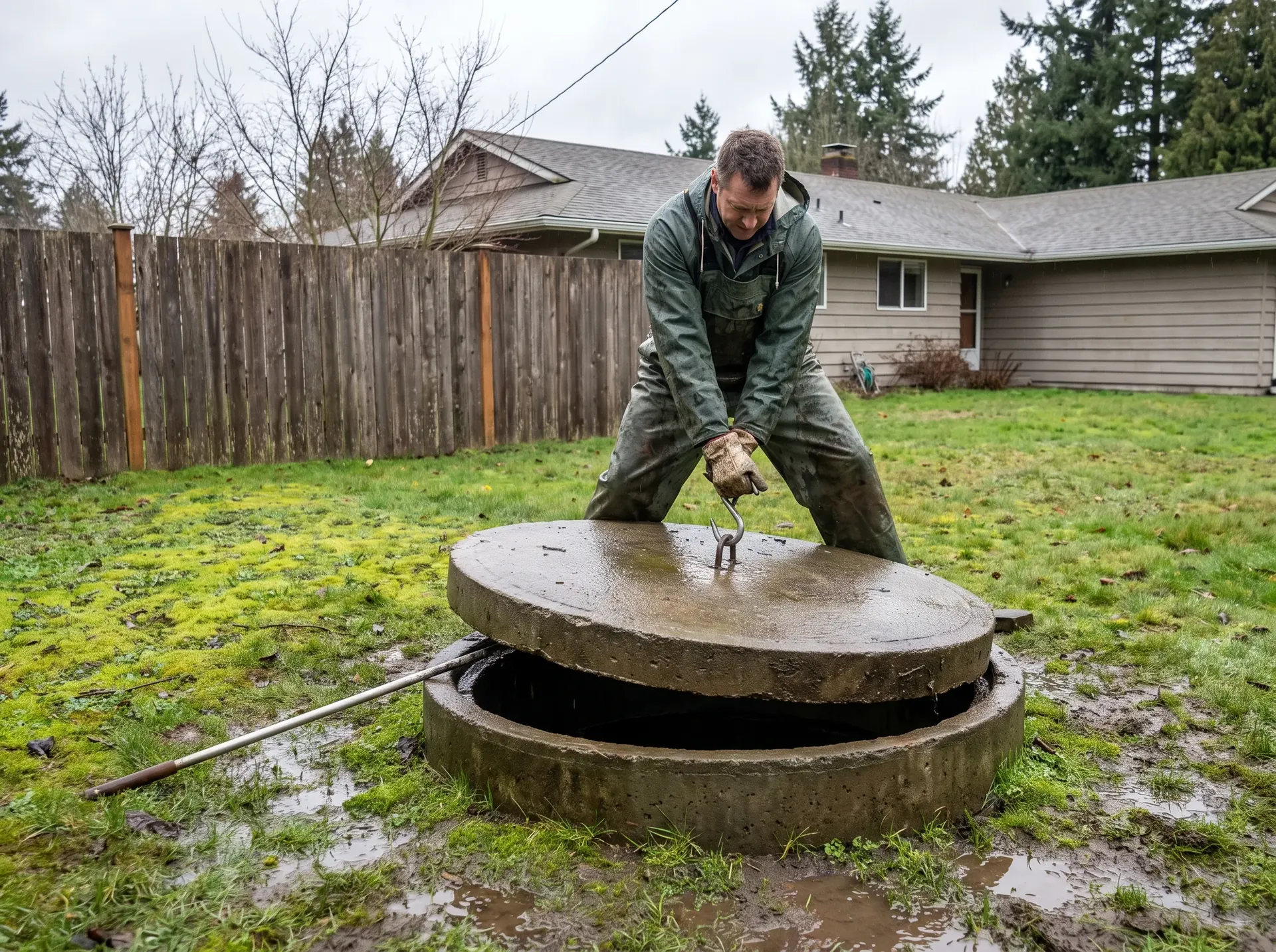Technician lifting a concrete septic tank lid to inspect the tank
