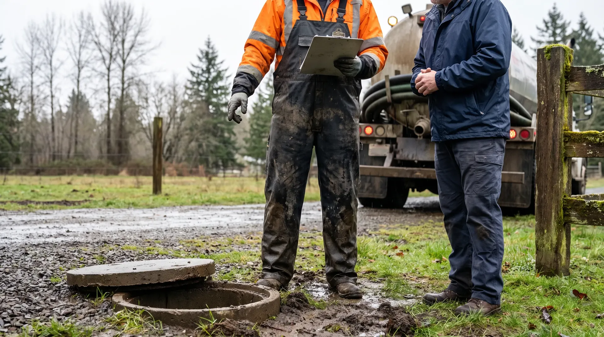 Septic technician talking a homeowner through the tank condition on site